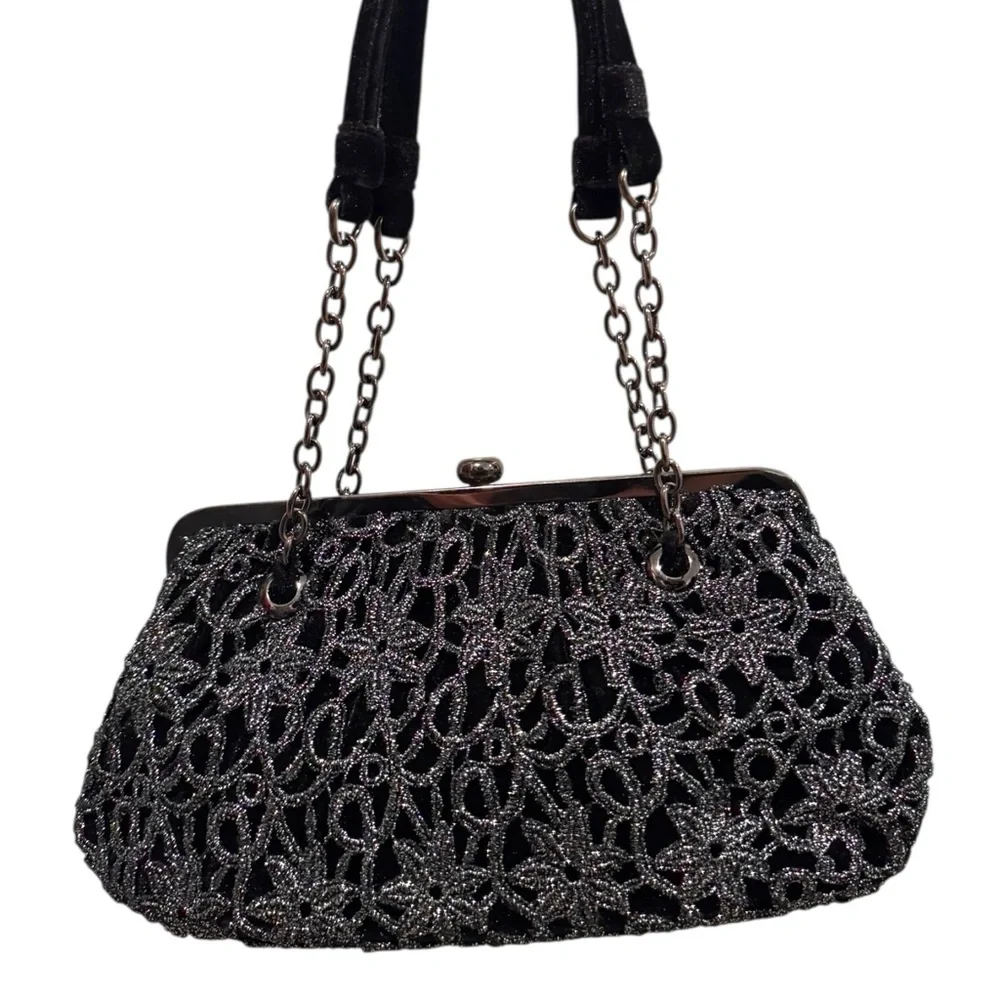ADRIANNA PAPELL Black Velvet Lace Evening Bag